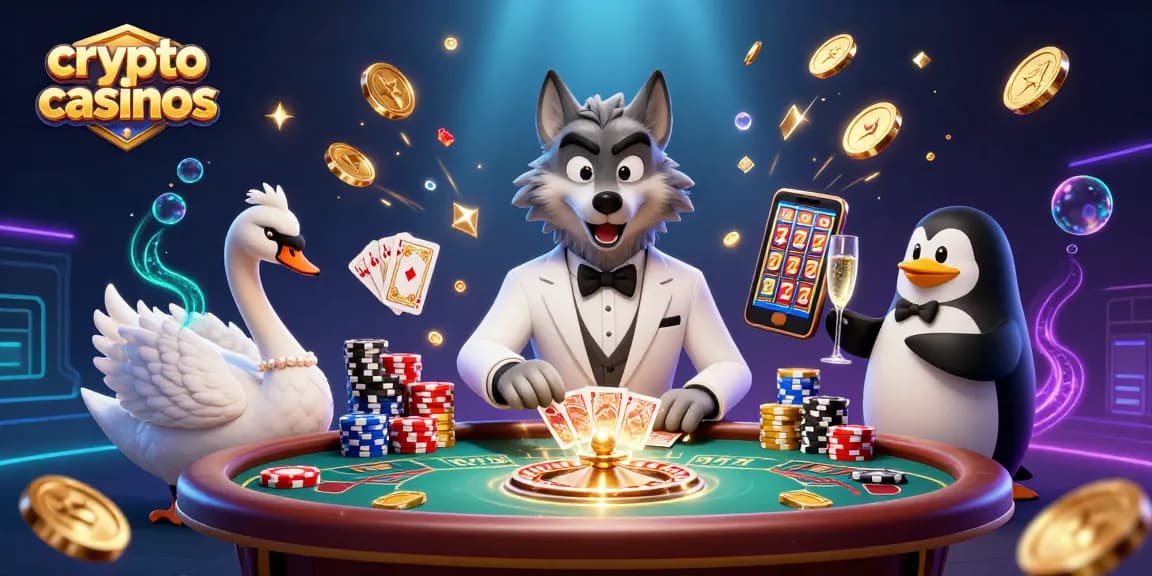 Des crypto casinos animés avec un loup, un cygne, et un pingouin dans une scène vibrante.