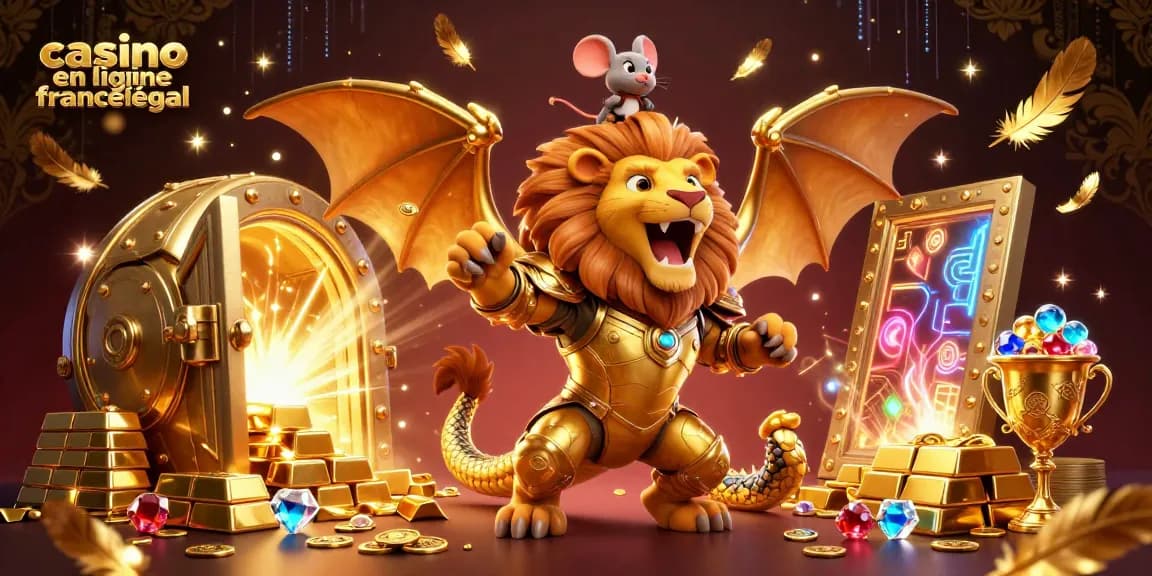 Animation dynamique d'un casino en ligne France légal avec des trésors éblouissants et un personnage héroïque.