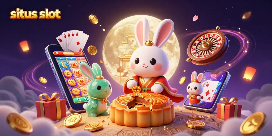 Experience situs slot excitement with a 3D moon rabbit revealing poker chips while showcasing vibrant casino elements in the sky.