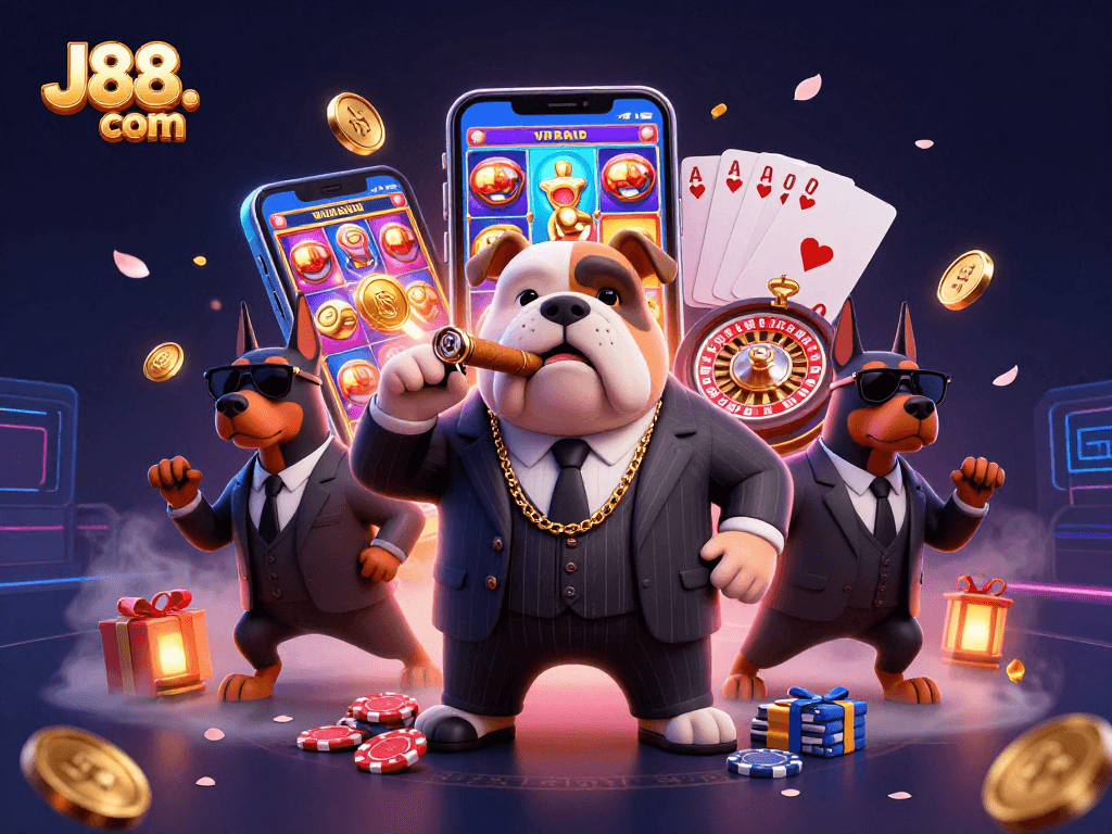 Experience thrilling gameplay at J88. com through a vibrant casino adventure featuring a mafia bulldog and bodyguards.