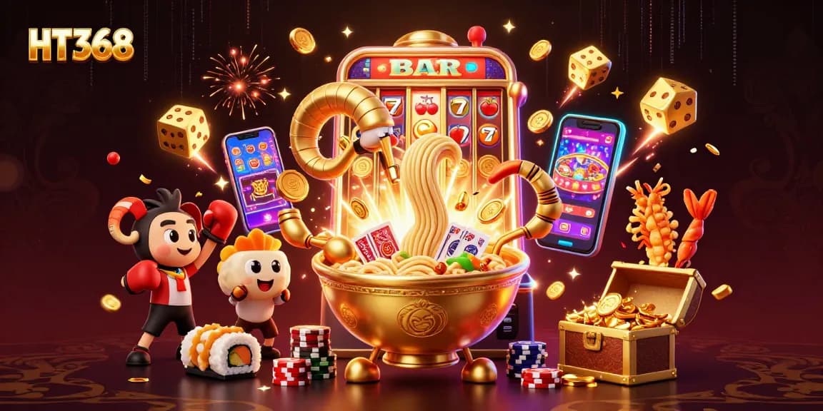 HT368 features a giant golden ramen bowl dealer amidst a vibrant casino scene with golden coins flying around