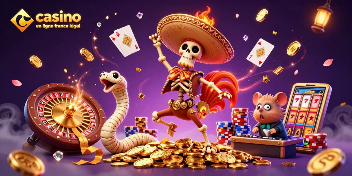 Événement festif au casino en ligne France légal, avec des personnages animés et des jetons scintillants.