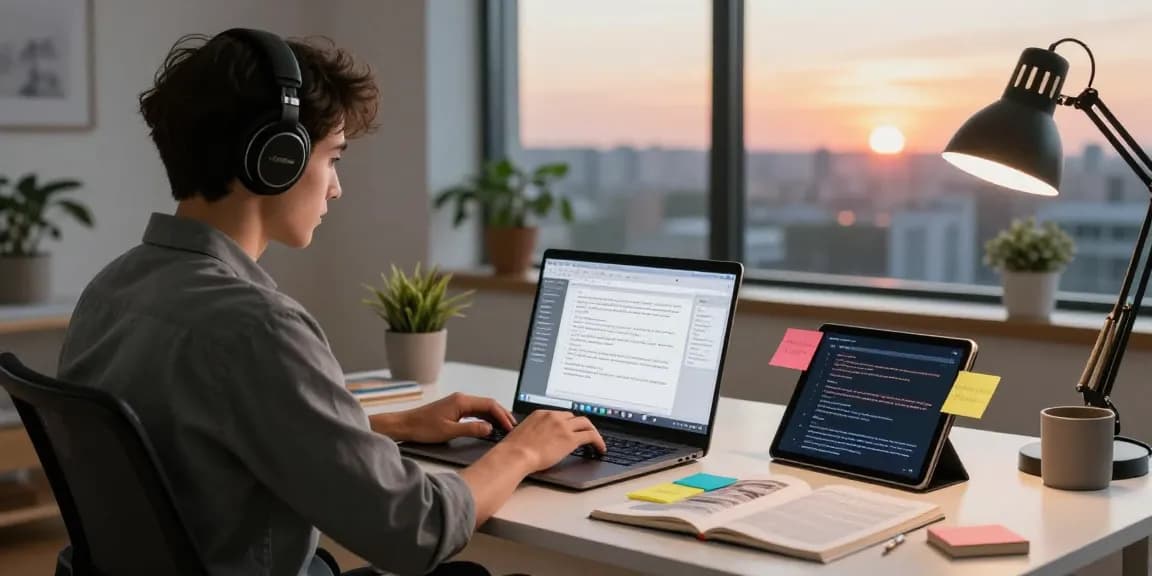 Content creator using AI writing tools for enhanced productivity in a modern workspace.