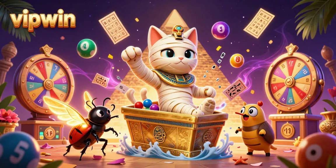 Experience the excitement of vipwin with the Egyptian mummy cat bursting out of a golden sarcophagus while lottery balls rain down.