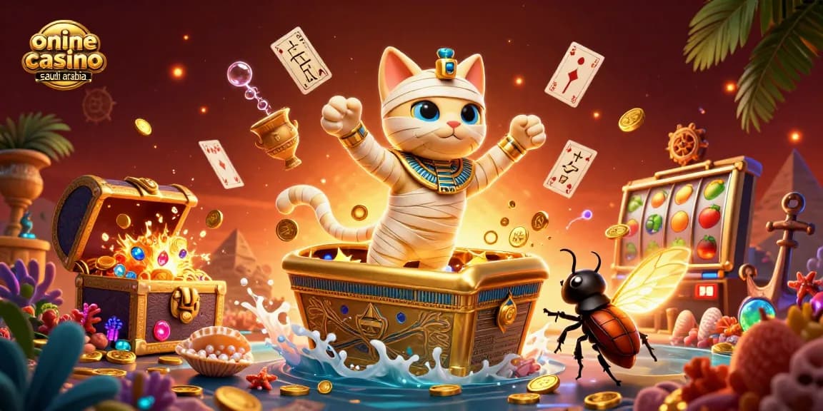 Engage with the vibrant world of online casino Saudi Arabia featuring a dynamic mummy cat in a lively pyramid scene.