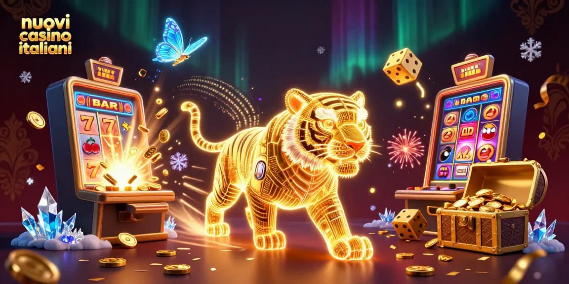 Scopri nuovi casino italiani con il tigre dorato e slot machine esplosiva in un'illustrazione vibrante.