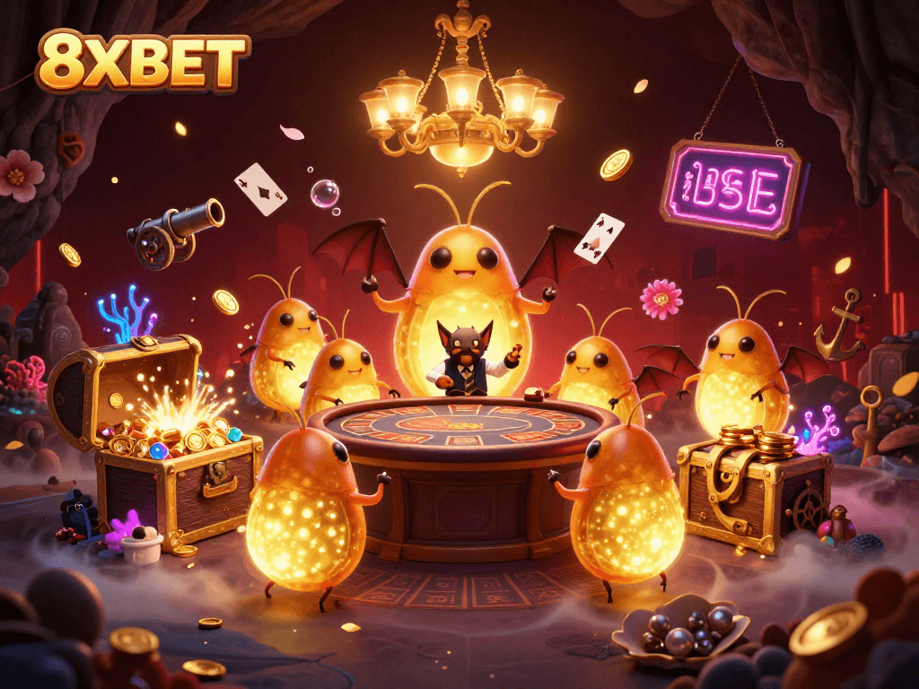 Experience thrilling gameplay at 8XBET with vibrant glowworms lighting the casino table as action unfolds.