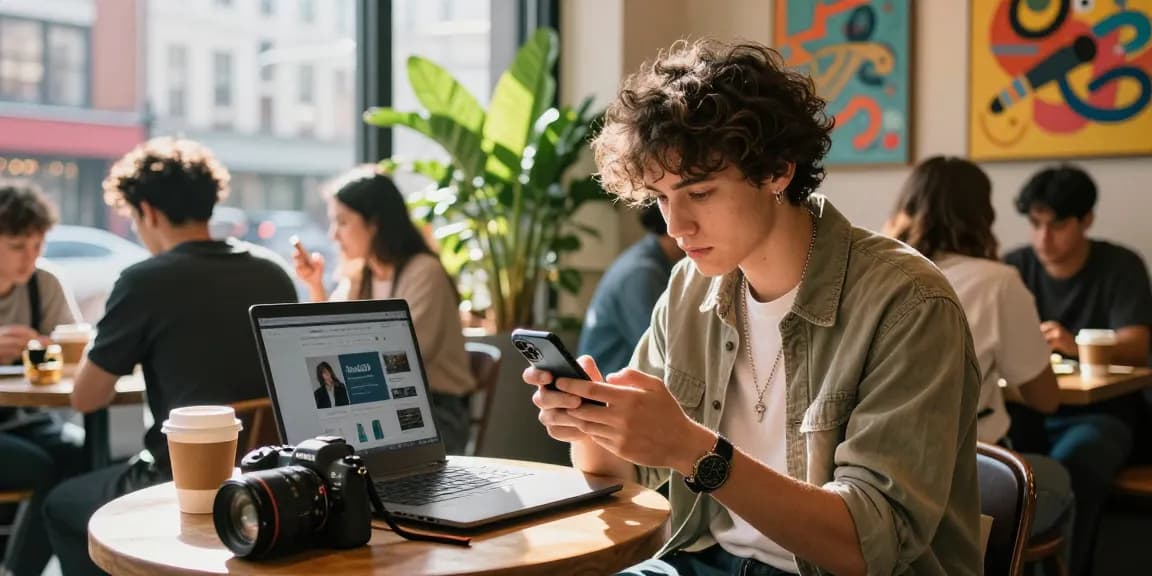 Young adult exploring rokok88 merchandise at a trendy café, showcasing urban lifestyle and social engagement.