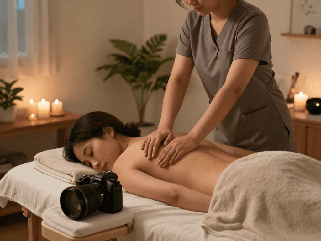 Professional 마포출장마사지 in a cozy home setting, featuring ambient lighting and soothing decor.