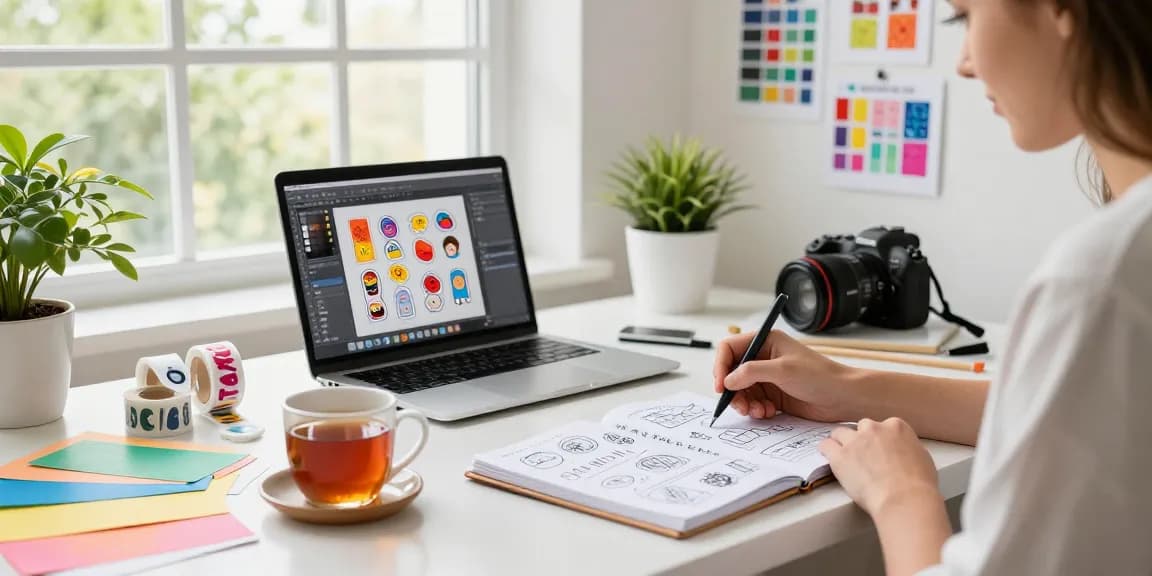 Designer creating custom stickers in a vibrant workspace with materials, sketches, and a laptop.