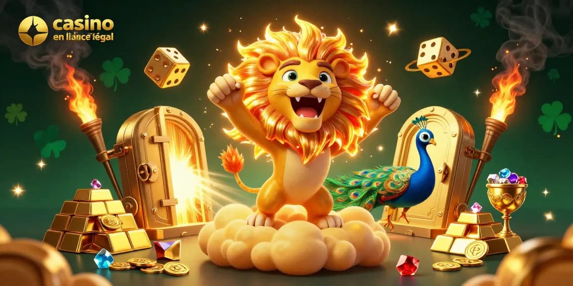 Jouez à un casino en ligne légal en France avec un lion solaire et des dés dorés dans un univers étincelant.
