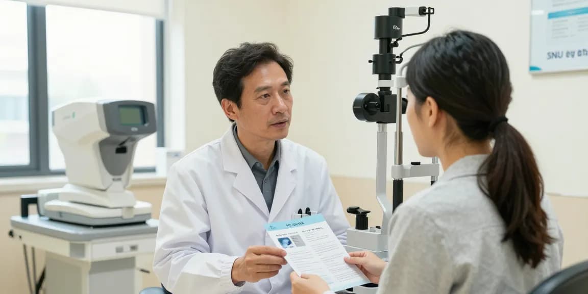 Doctor discussing ICL/Toric ICL procedures at snuseoulglobal.com/id in a bright eye clinic.
