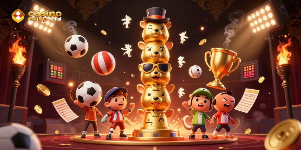 Illustration dynamique de casino en ligne France légal avec un totem doré et des éléments sportifs en mouvement.