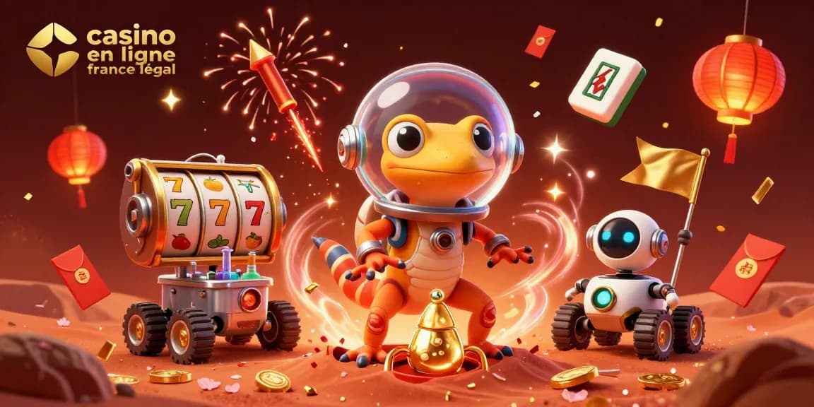Une illustration d'un gecko martien découvrant un casino en ligne France légal sous le sable rouge.