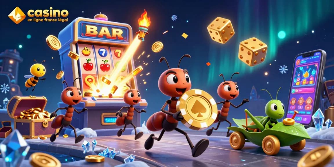 Visualisez un groupe dynamique d'ants transportant un jeton de poker doré dans un tunnel, illustrant l'esprit du casino en ligne france légal.