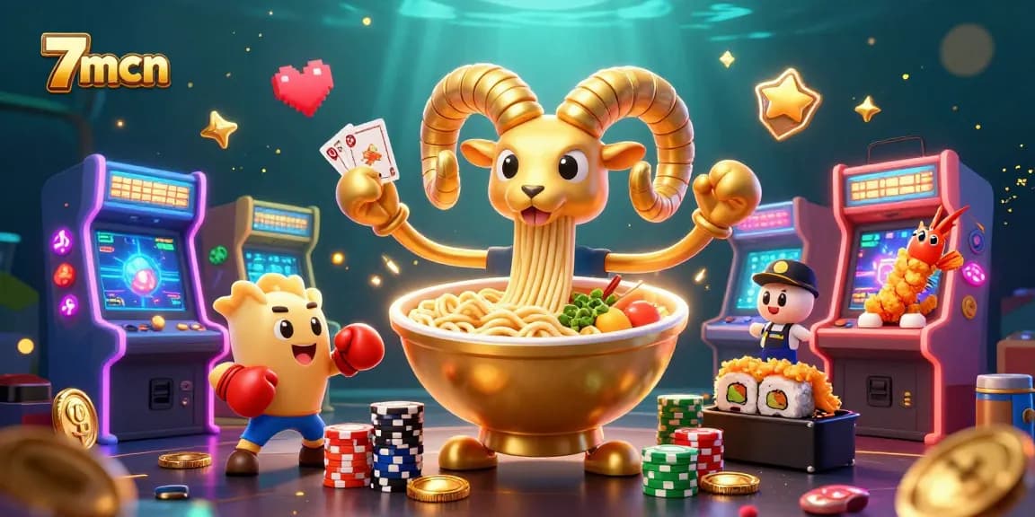 Engage with 7mcn's vibrant casino scene featuring animated characters and gaming elements.