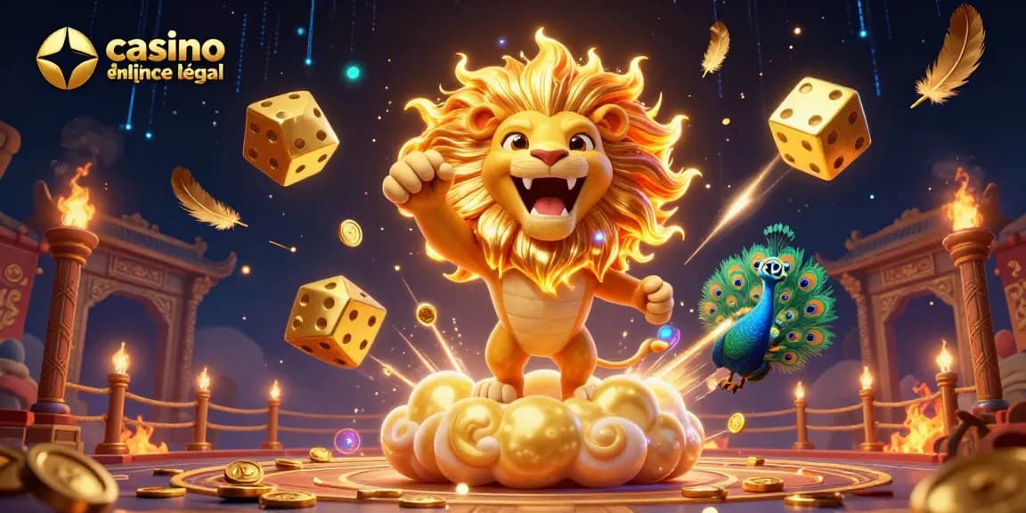 Gagnez en jouant à casino en ligne France légal avec des dés dorés et un lion au centre de la scène.