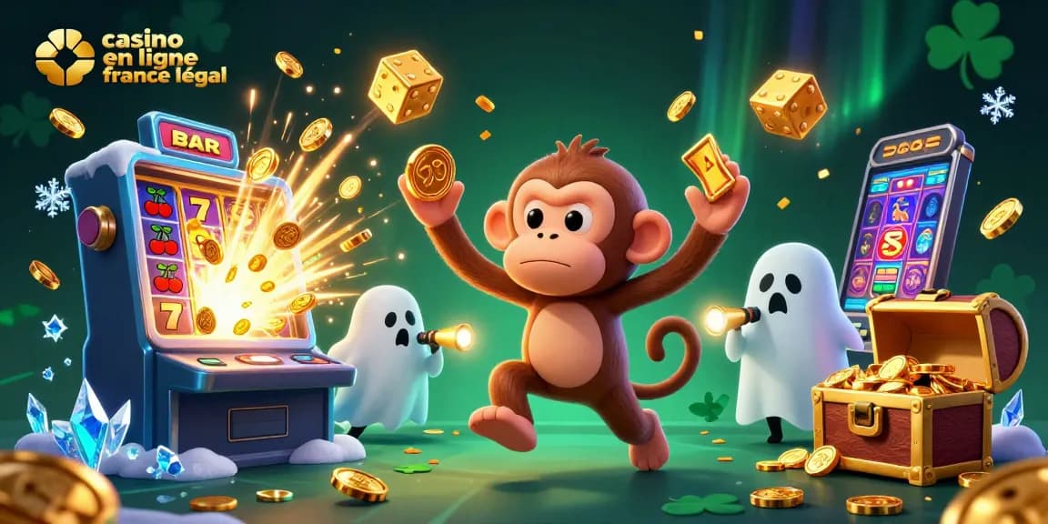 Visuel dynamique montrant un casino en ligne France légal avec un singe et un chiot chassant un poltergeist.