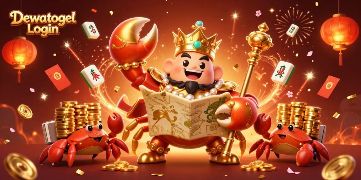 Dewatogel Login showcases a vibrant scene with a golden crab emperor and gaming elements celebrating luck.
