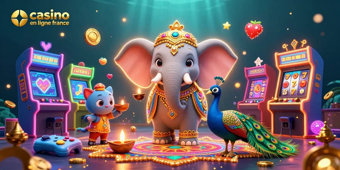 Gagnez sur un casino en ligne France avec cette illustration vibrante mettant en scène un éléphant coloré et une ambiance festive.