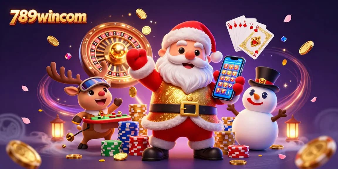 Win big with 789wincom as Santa, a reindeer dealer, and a snowman enjoy jackpot slots.