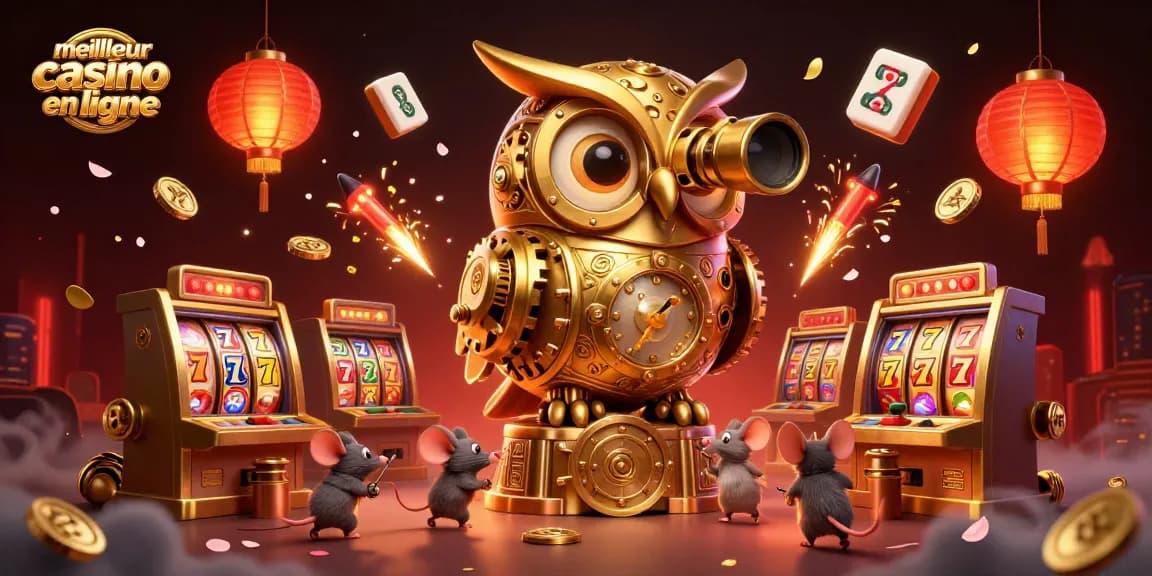 Découvrez le meilleur casino en ligne avec une illustration dynamique d'un hibou doré et des machines à sous.