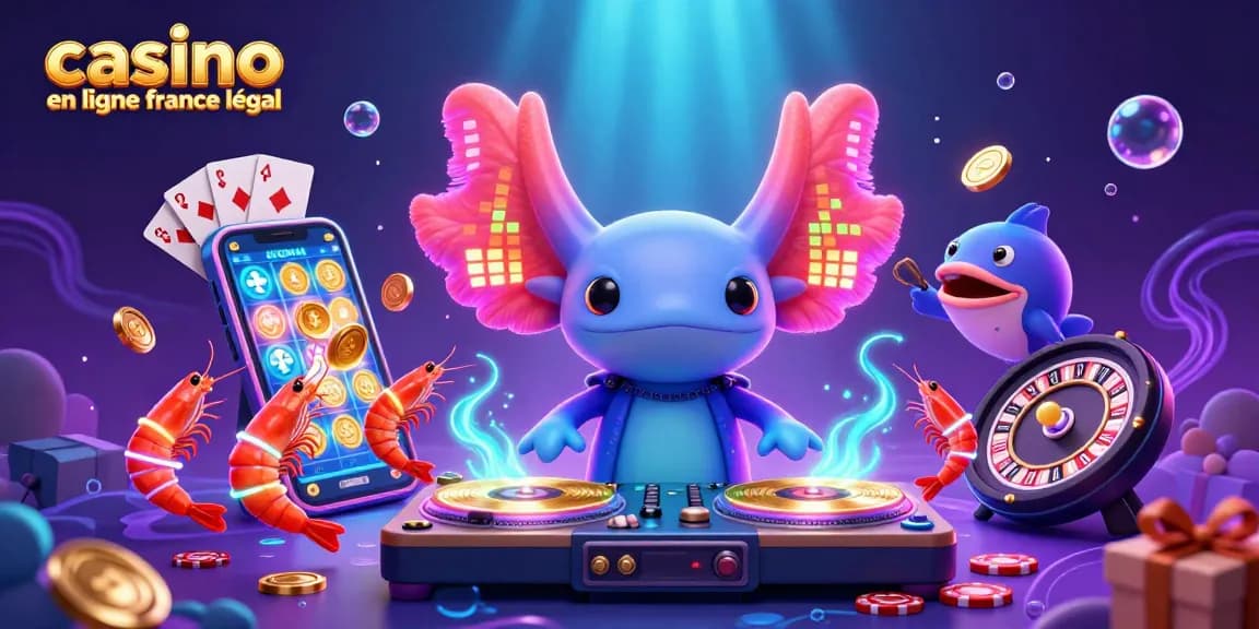 Profitez d'une expérience vibrante au casino en ligne légal en France avec un DJ axolotl et des éléments de jeu animés.