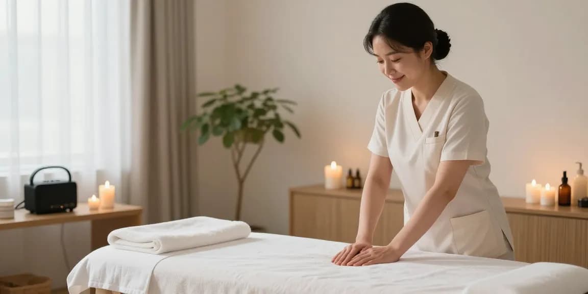 의왕출장마사지 in a serene home environment with a professional therapist preparing for a session, creating a calming atmosphere for relaxation.