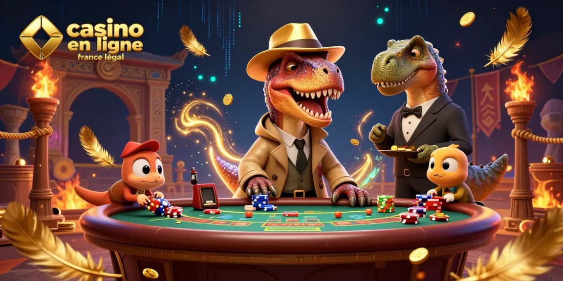 Illustration dynamique représentant un velociraptor au blackjack, mettant en avant le casino en ligne France légal