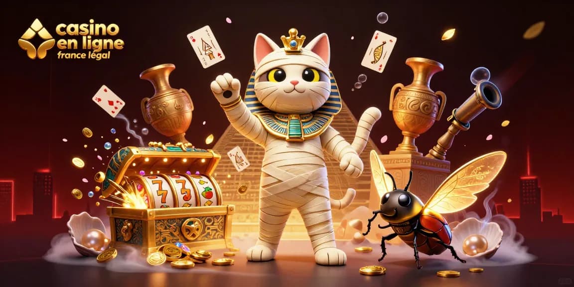 Illustration colorée d'un casino en ligne légal en France avec un chat momie égyptien et un scarabée.