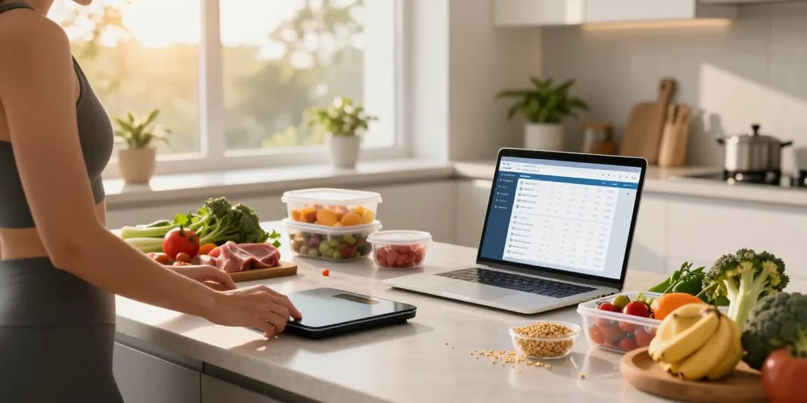 The best macro tracking app displayed on a laptop in a bright kitchen while preparing healthy meals.