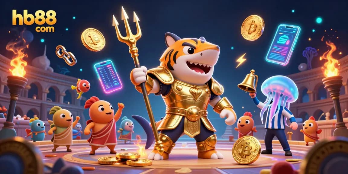Win big at hb88 com with dynamic underwater casino scene featuring shark in gladiator armor.