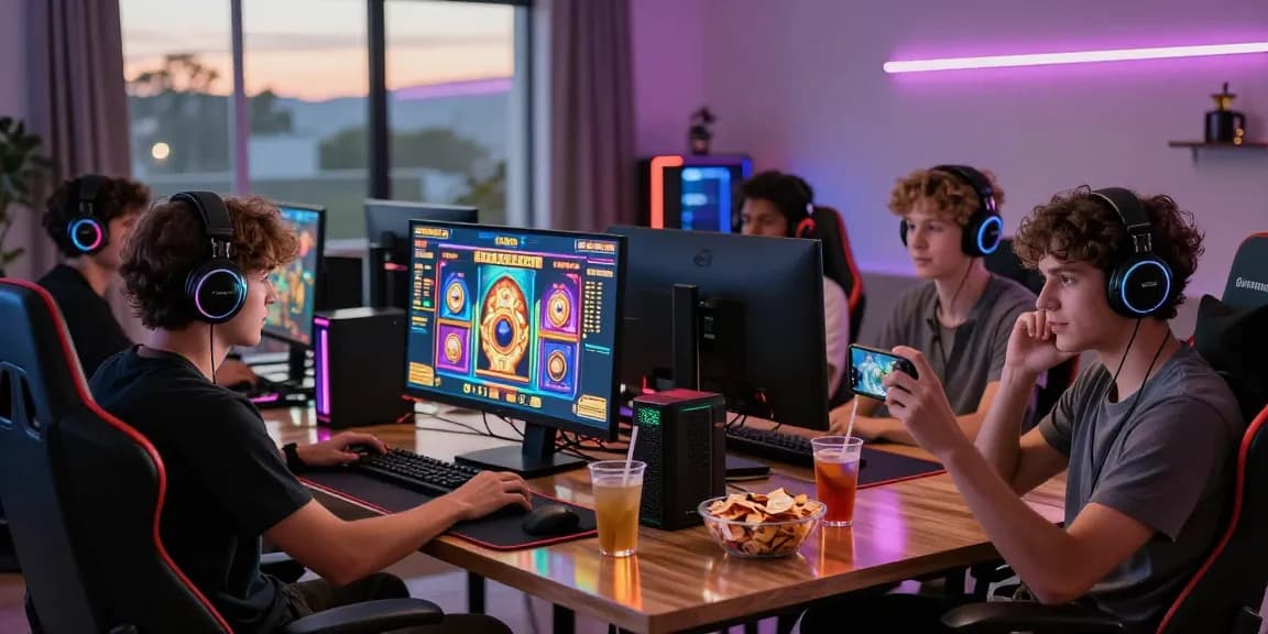 Group playing online slots at https://gravatar.com/playbook88official with vibrant setup and snacks.