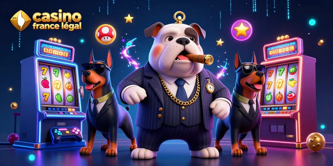 Illustration d'une scène de casino en ligne France légal avec un bulldog mafieux et ses gardes du corps, pleine d'éléments de jeu.