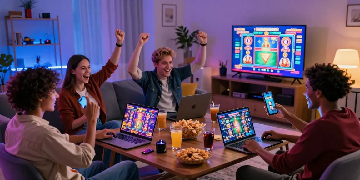 Exciting group playing online slot games in vibrant living room setting, showcasing diverse gaming experience.