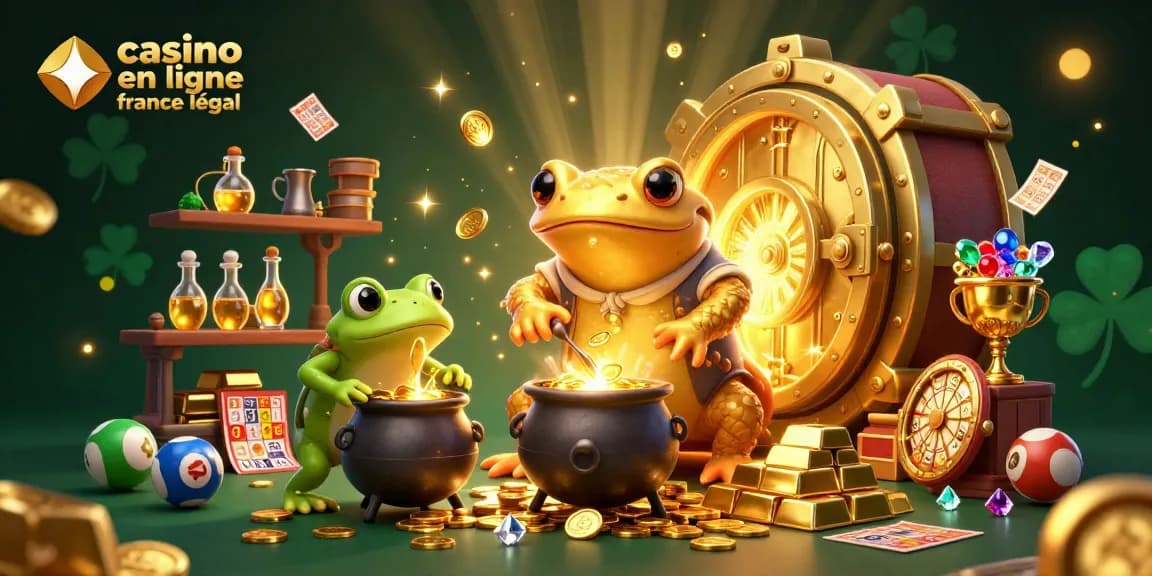Jouer sur le casino en ligne France légal avec une illustration captivante de loteries, cartes de bingo et personnages.
