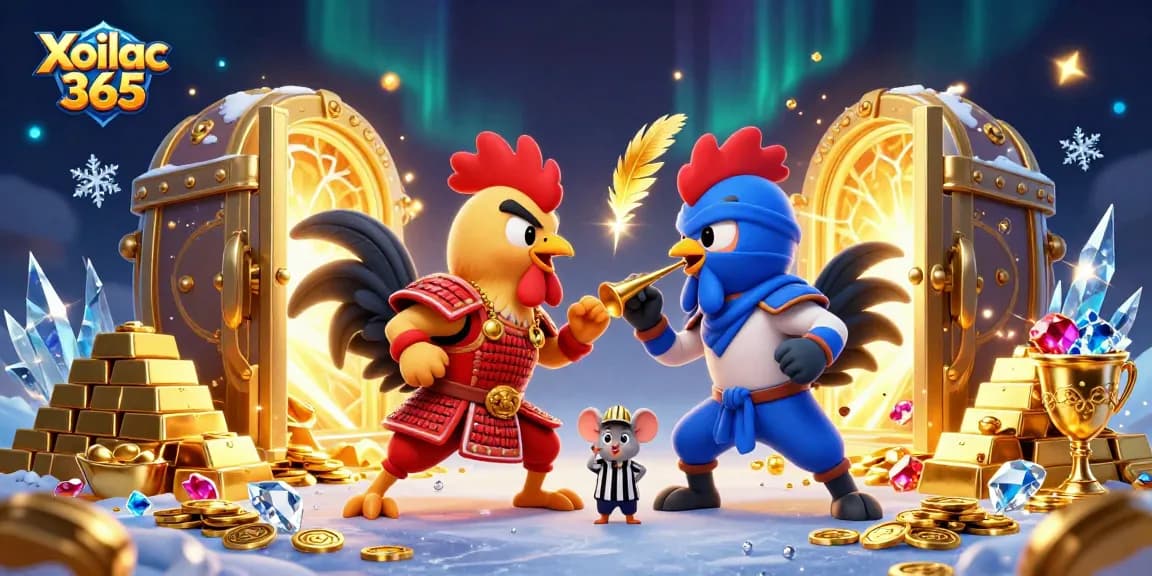 Xoilac 365 shows fighting roosters in a dynamic duel, surrounded by gold and glittering casino elements.