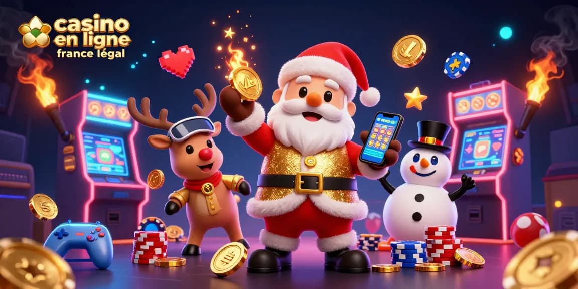 Visualisez des éléments de casino en ligne France légal avec Santa et ses amis dans une scène animée.
