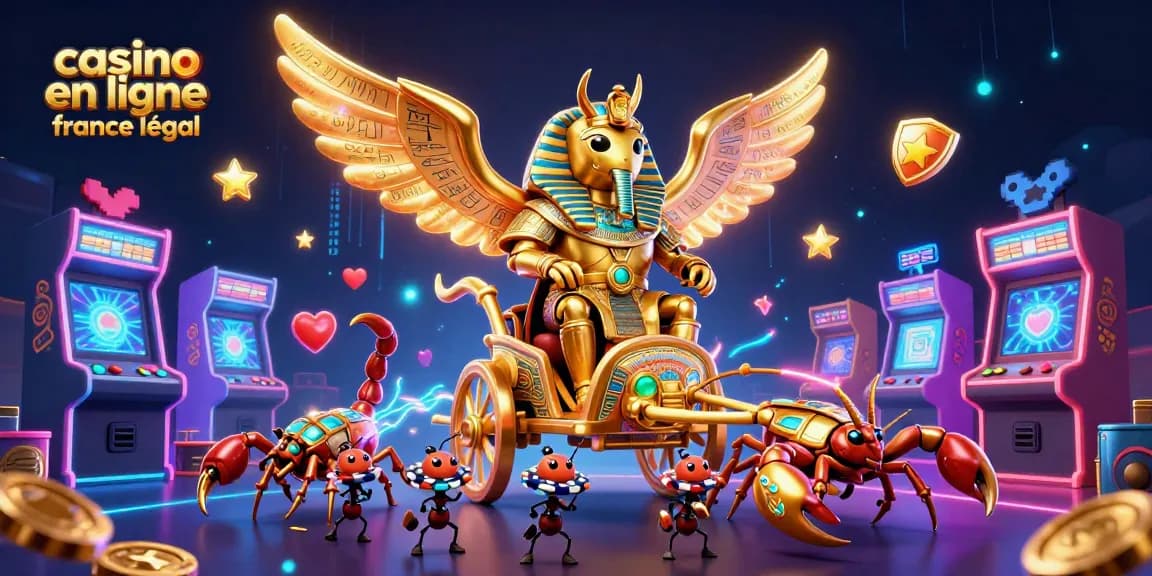 Image d'une illustration 3D dynamique représentant un casino en ligne légal en France avec des éléments de jeu