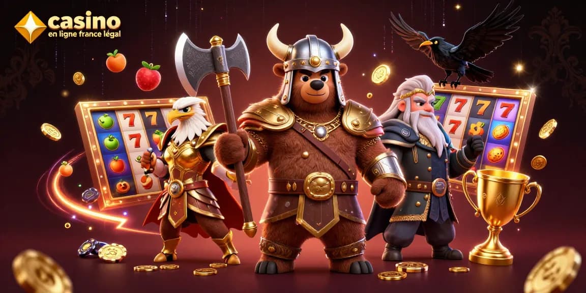 Machines à sous impressionnantes et ourson viking se lançant dans le jeu au casino en ligne légal en France