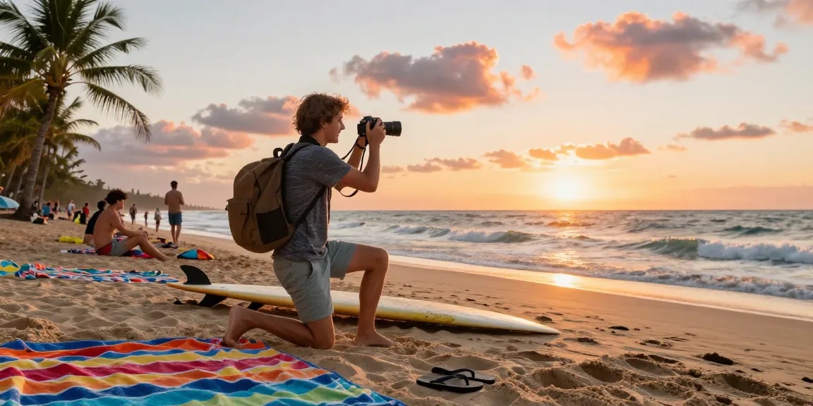 Motchill traveler capturing sunset at the beach with vibrant atmosphere