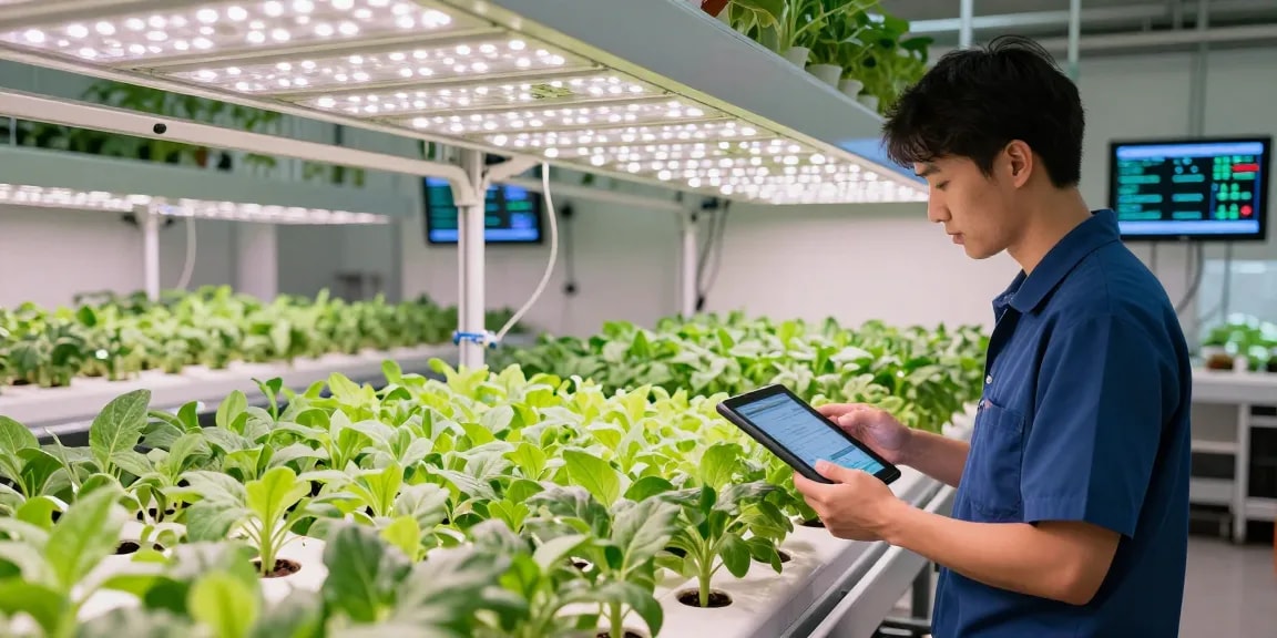 Technician monitoring cika4d slot in modern indoor agriculture facility with optimal plant growth.