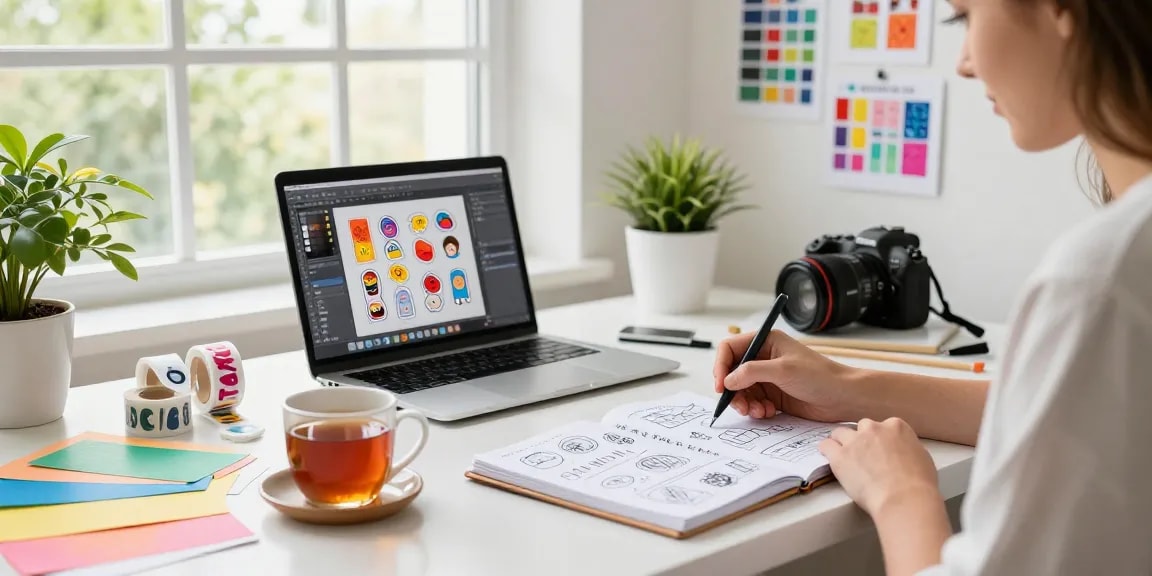 Designer creating custom stickers in a vibrant workspace with materials, sketches, and a laptop.