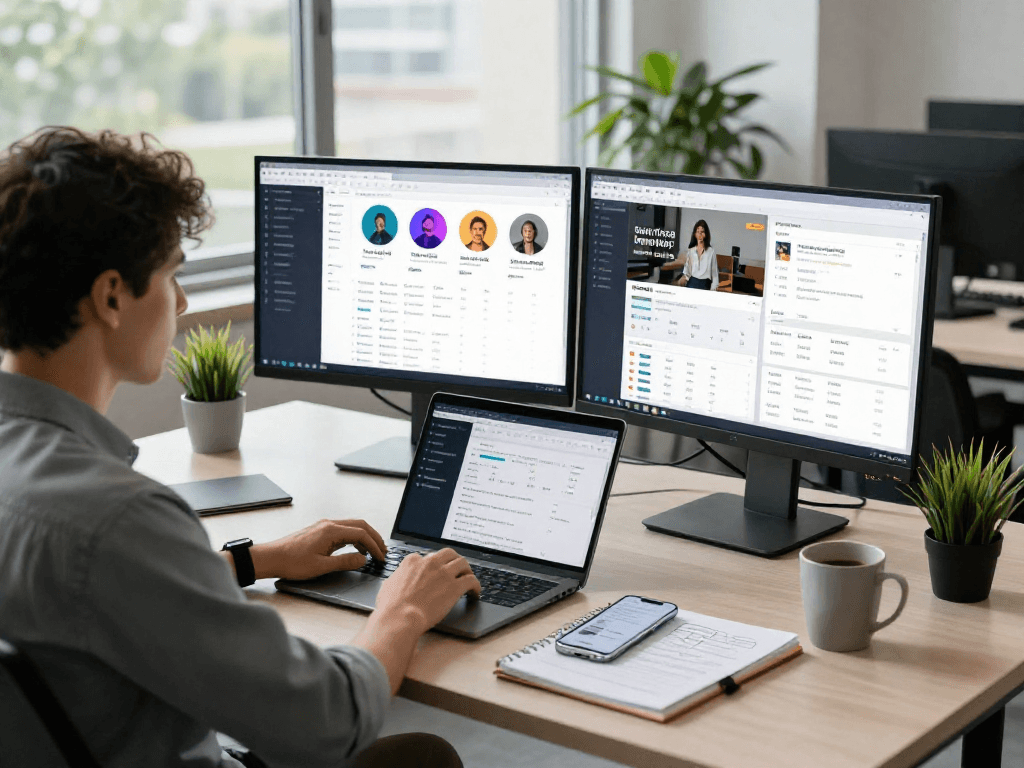 Digital marketer managing multiple accounts with an antidetect browser in a modern office workspace.