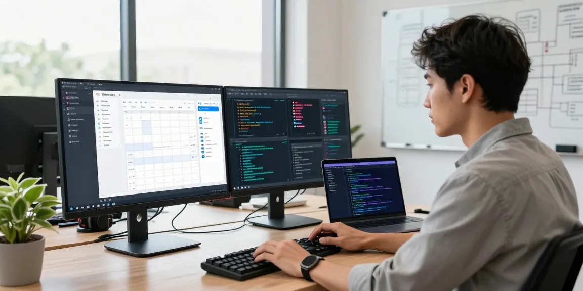 RTI Scheduler interface on dual monitors in a modern office setup showcasing productivity tools and coding.