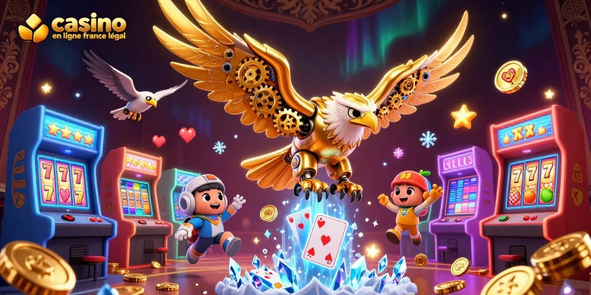 Illustration 3D représentant un casino en ligne France légal avec un aigle cybernétique et des éléments de jeu.