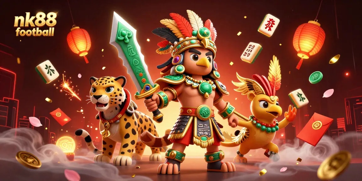 Engage in thrilling gameplay at nk88 football with vibrant Aztec warriors amid casino elements.