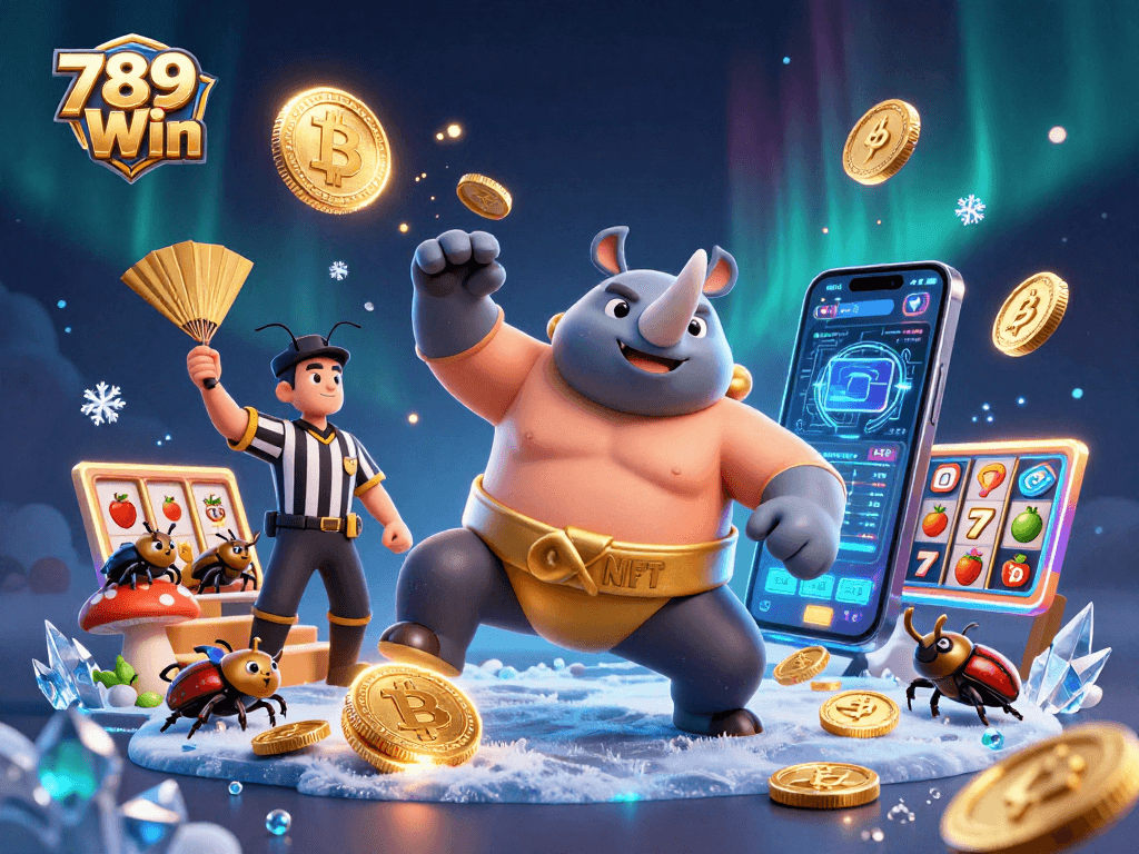 Experience excitement with 789Win where a rhinoceros beetle champion stomps for big wins in a vibrant casino scene.