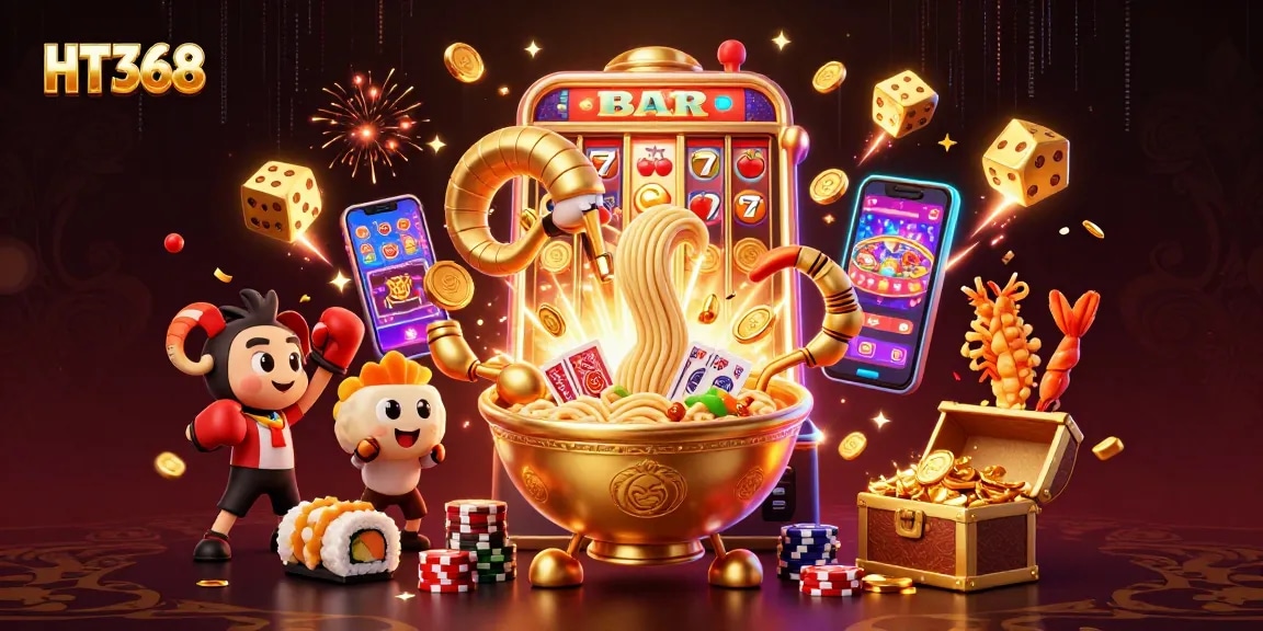 HT368 features a giant golden ramen bowl dealer amidst a vibrant casino scene with golden coins flying around