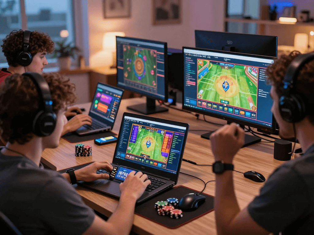 Engaged players on situs raja328 platform celebrating online gaming wins with vibrant graphics.